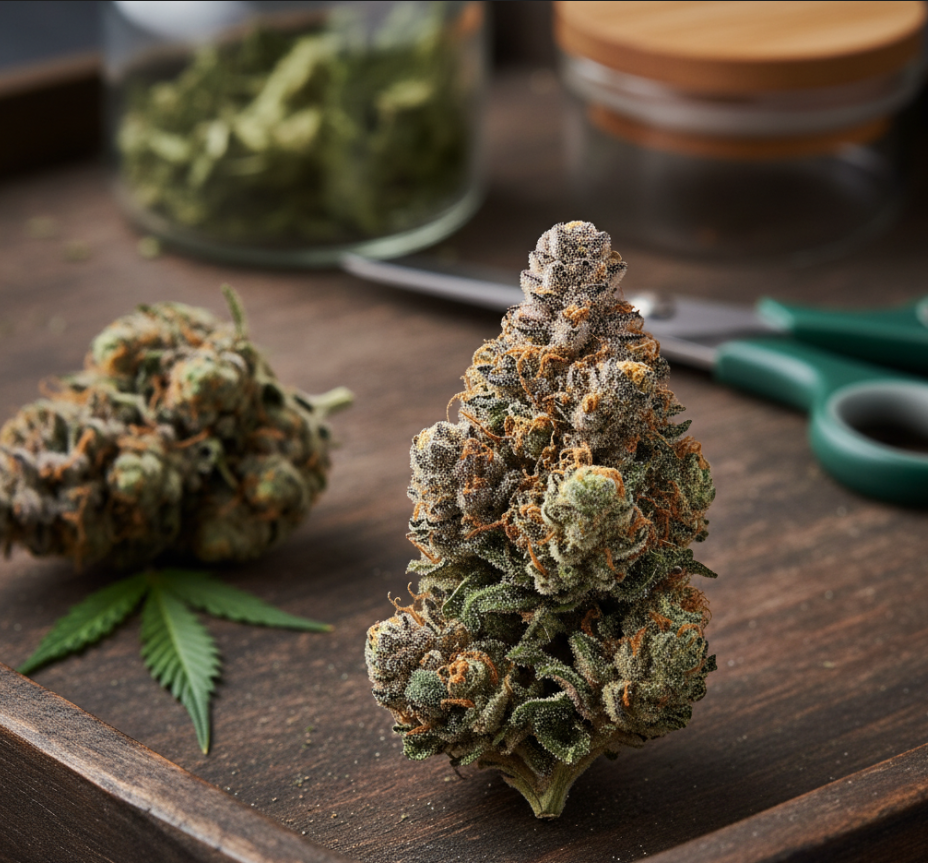 Dense trichome covered buds in flowering stage